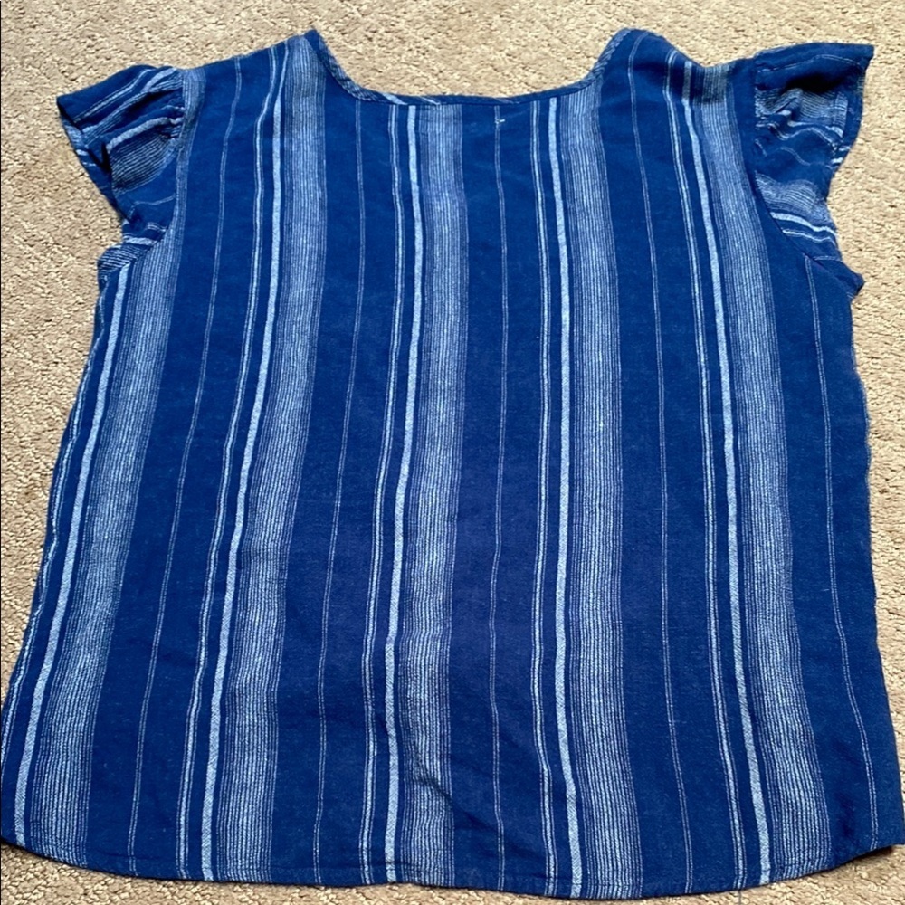 Harper Blue Flutter Sleeve Linen Blend Blouse with Tie Front Spring Summer - Picture 7 of 10